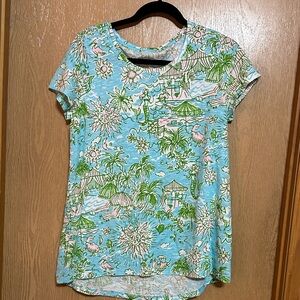 Lilly Pulitzer scoop neck Etta Blue and Green Tropical Print Short Sleeve Top